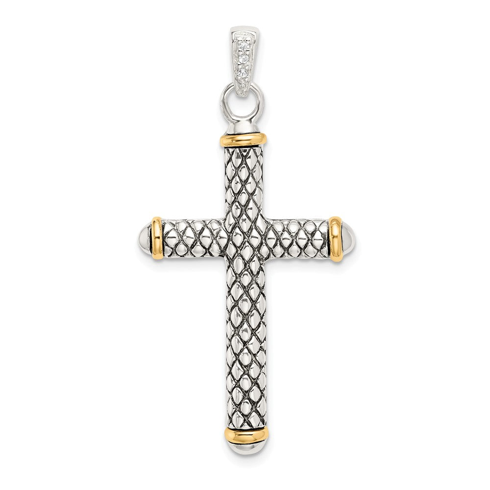 Million Charms Sterling Silver With 14K White Topaz On Bail Antiqued Relgious Cross Pendant