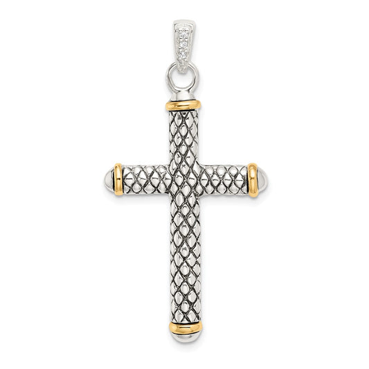 Million Charms Sterling Silver With 14K White Topaz On Bail Antiqued Relgious Cross Pendant
