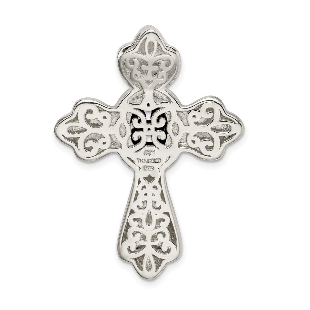 Million Charms 925 Sterling Silver Antiqued Black Onyx Cabochon Relgious Cross Chain Slide