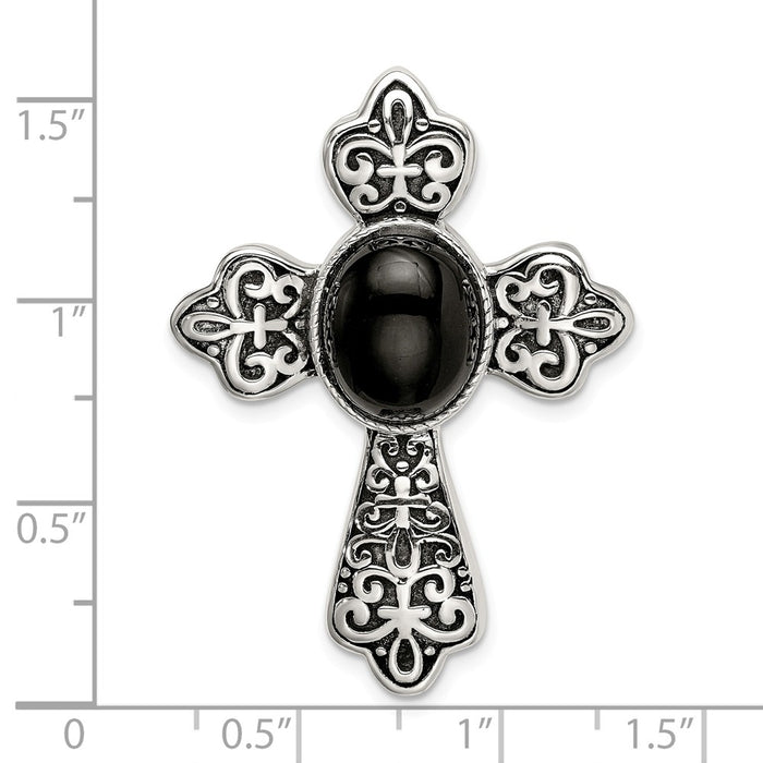 Million Charms 925 Sterling Silver Antiqued Black Onyx Cabochon Relgious Cross Chain Slide