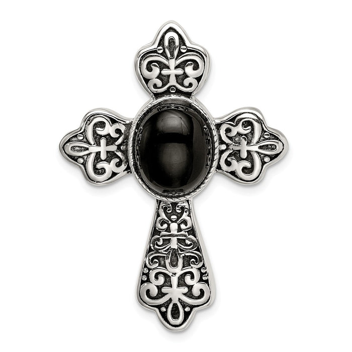 Million Charms 925 Sterling Silver Antiqued Black Onyx Cabochon Relgious Cross Chain Slide