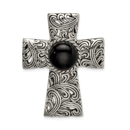 Million Charms 925 Sterling Silver Antiqued Filigree Black Onyx Cabochon Slide