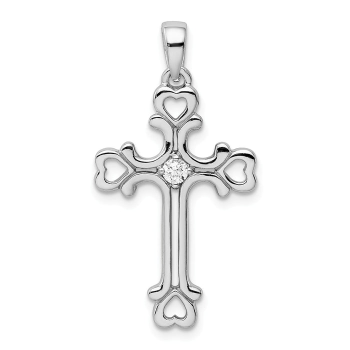 Million Charms 925 Sterling Silver Rhodium-Plated (Cubic Zirconia) CZ Heart Relgious Cross Pendant