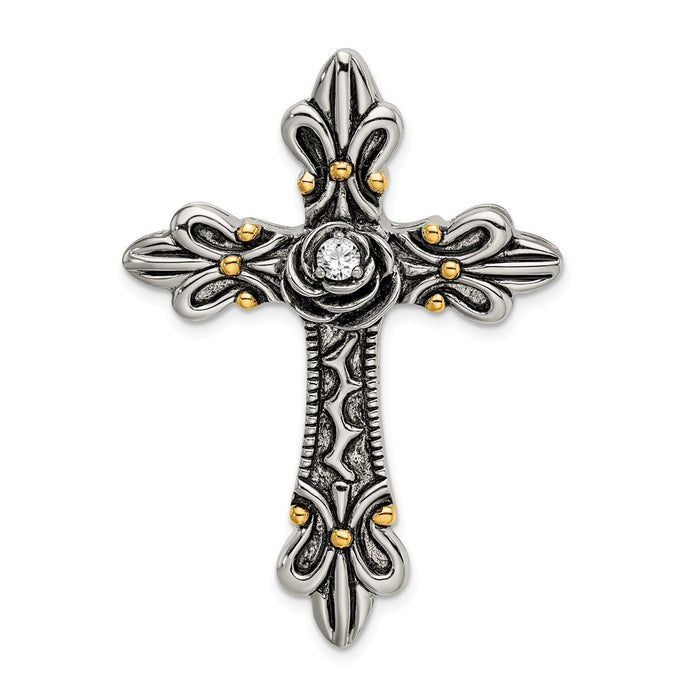 Million Charms 925 Sterling Silver Gold-Plated (Cubic Zirconia) CZ Antiqued Relgious Cross Slide