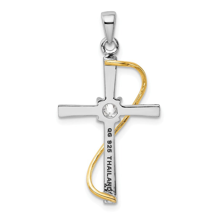 Million Charms 925 Sterling Silver Rhodium-plated & Gold-Tone Polished With (Cubic Zirconia) CZ Relgious Cross Pendant