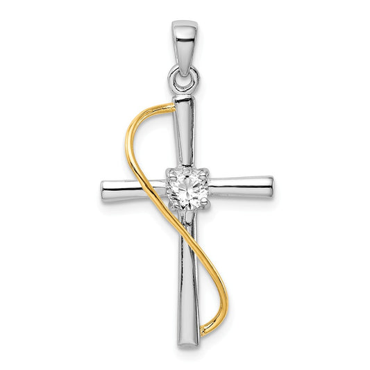Million Charms 925 Sterling Silver Rhodium-plated & Gold-Tone Polished With (Cubic Zirconia) CZ Relgious Cross Pendant