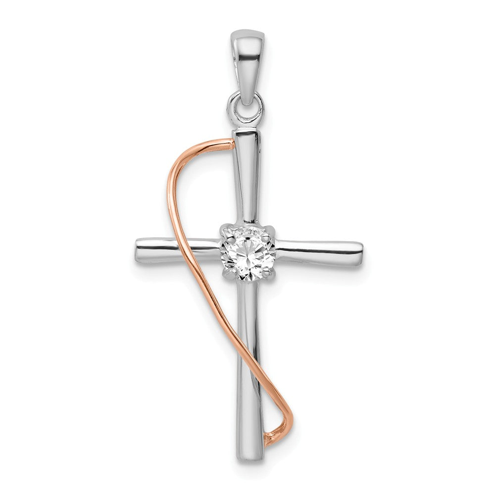 Million Charms 925 Sterling Silver Rhodium-plated & Rose-Tone Polished (Cubic Zirconia) CZ Relgious Cross Pendant
