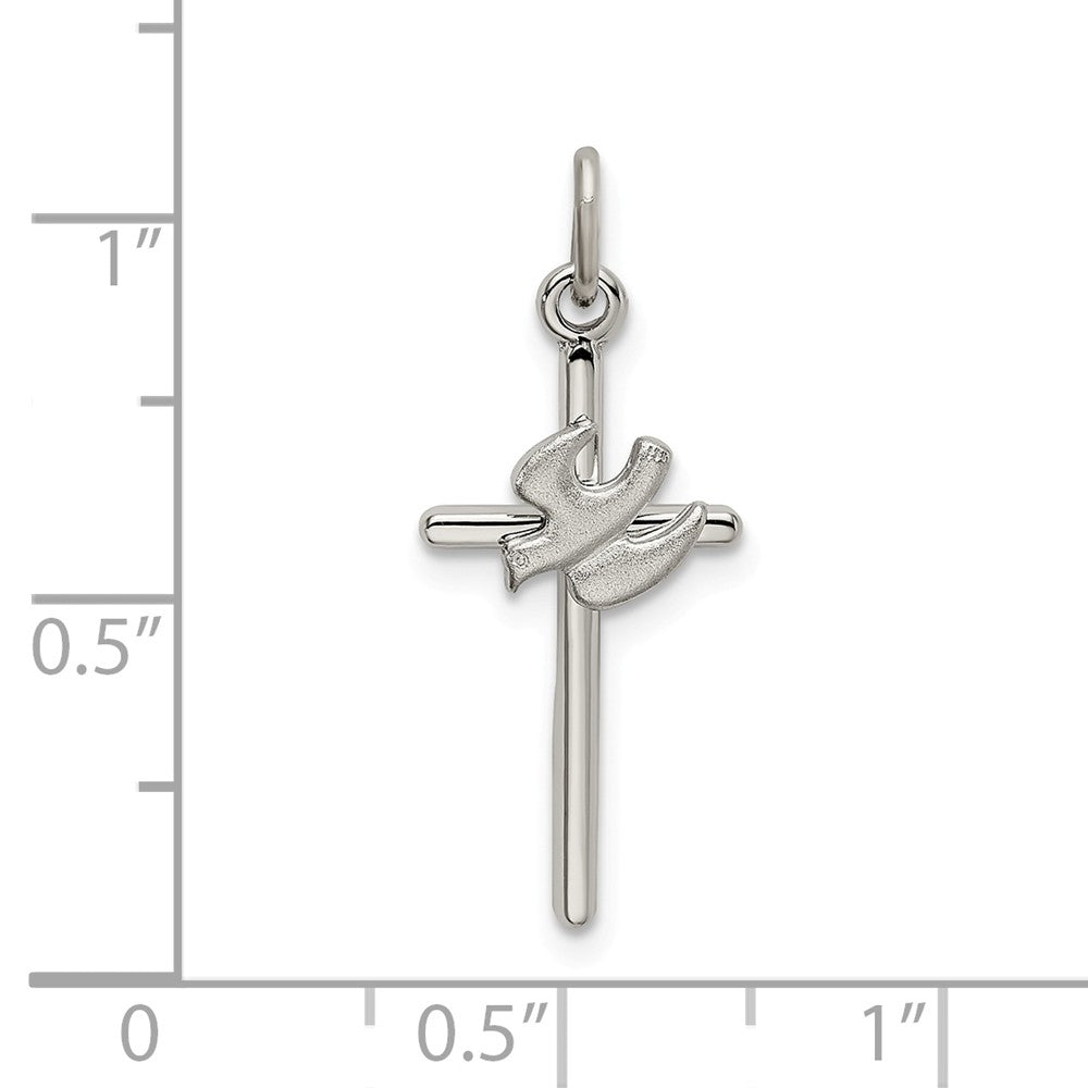 Million Charms 925 Sterling Silver Polished, Satin Dove Relgious Cross Pendant