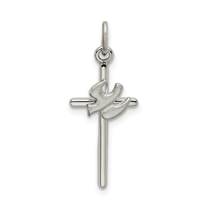 Million Charms 925 Sterling Silver Polished, Satin Dove Relgious Cross Pendant