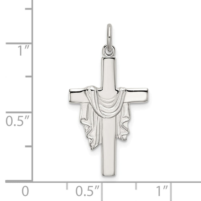 Million Charms 925 Sterling Silver Polished, Satin Draped Relgious Cross Pendant