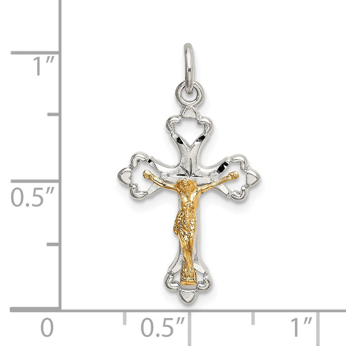 Million Charms 925 Sterling Silver Gold-Plated Satin & Diamond-Cut Budded Relgious Crucifix Pendant