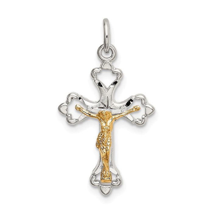 Million Charms 925 Sterling Silver Gold-Plated Satin & Diamond-Cut Budded Relgious Crucifix Pendant