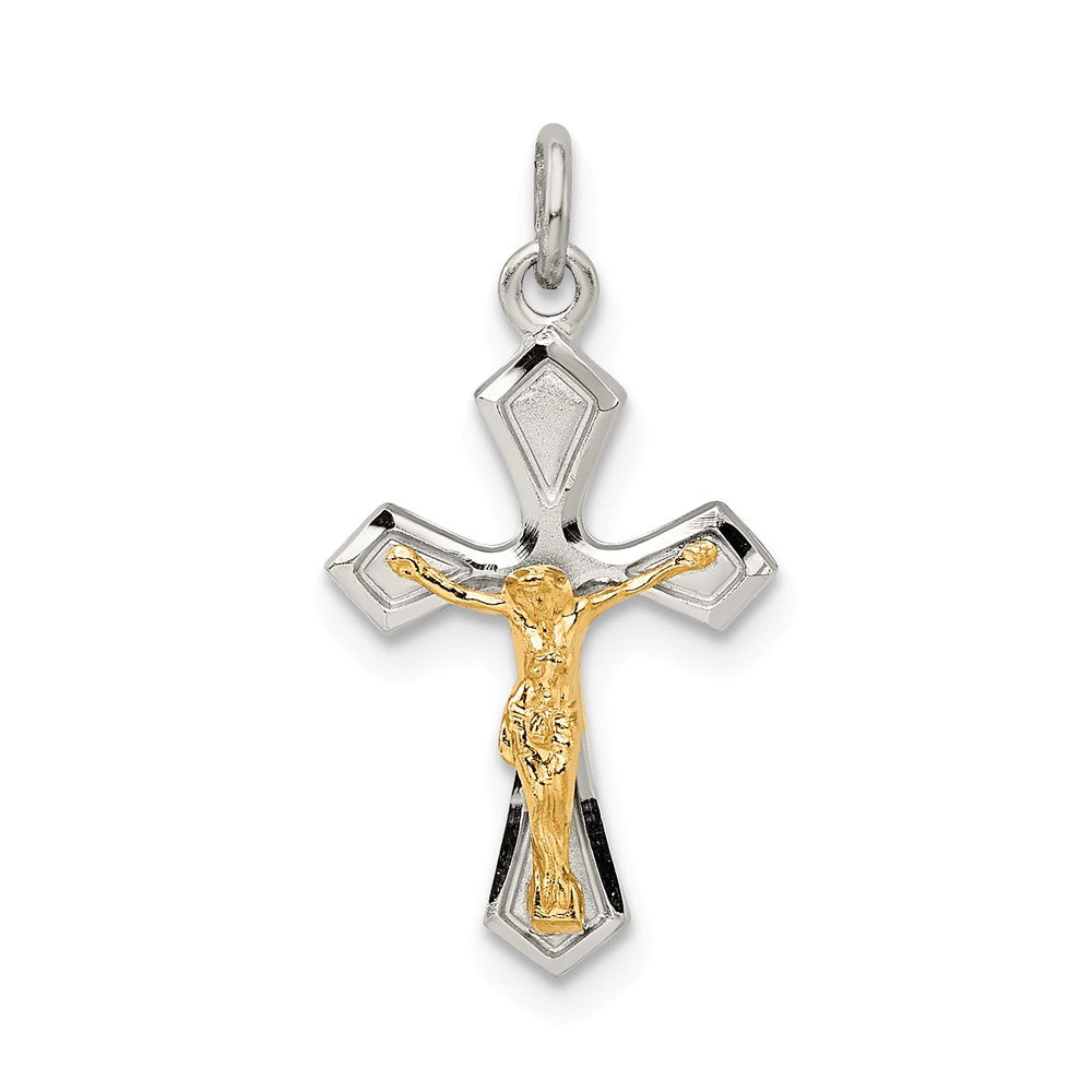 Million Charms 925 Sterling Silver & Gold-Plated Polished Satin & Diamond-Cut Relgious Crucifix Pendant