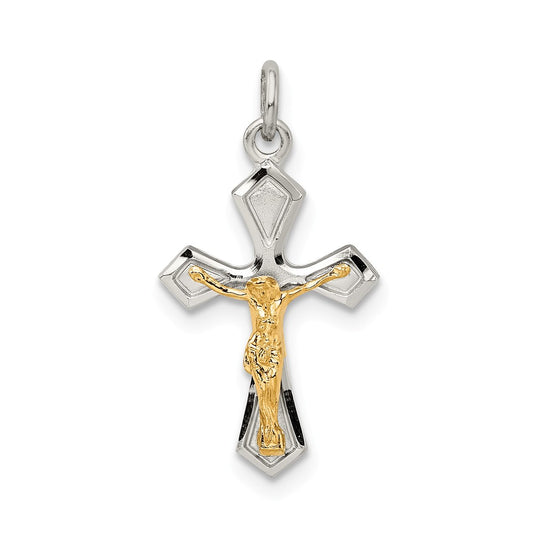 Million Charms 925 Sterling Silver & Gold-Plated Polished Satin & Diamond-Cut Relgious Crucifix Pendant