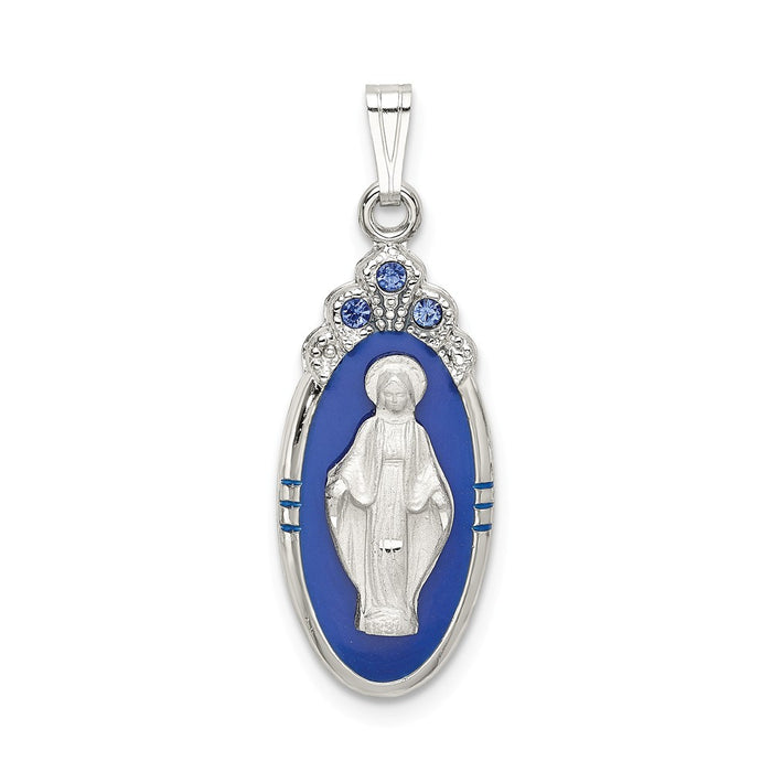 Million Charms 925 Sterling Silver Satin & Diamond-Cut Epoxy & Crystal Religious Miraculous Medal Pendant