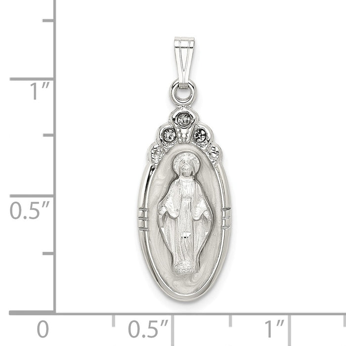 Million Charms 925 Sterling Silver White Epoxy & Crystal Religious Miraculous Medal Pendant