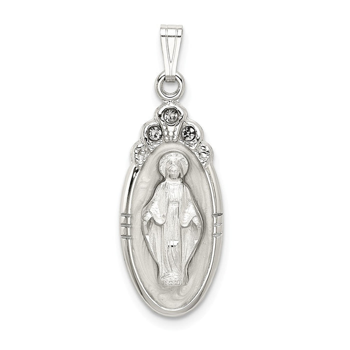 Million Charms 925 Sterling Silver White Epoxy & Crystal Religious Miraculous Medal Pendant