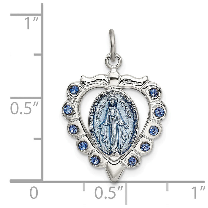 Million Charms 925 Sterling Silver Epoxy & Crystal Religious Miraculous Medal Heart Pendant