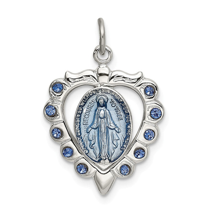 Million Charms 925 Sterling Silver Epoxy & Crystal Religious Miraculous Medal Heart Pendant