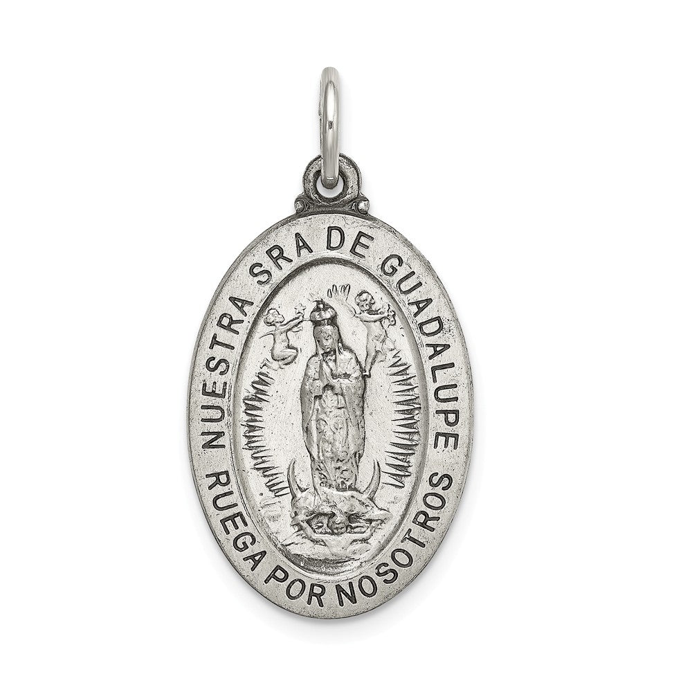 Million Charms 925 Sterling Silver Satin Antiqued Spanish Lady Of Guadalupe Medal Pendant