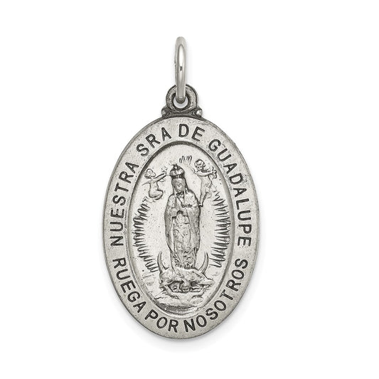 Million Charms 925 Sterling Silver Satin Antiqued Spanish Lady Of Guadalupe Medal Pendant