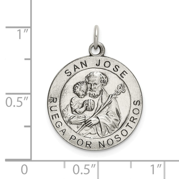 Million Charms 925 Sterling Silver Satin Antiqued Spanish Religious Saint Joseph Medal Pendant