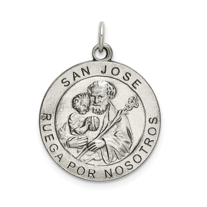 Million Charms 925 Sterling Silver Satin Antiqued Spanish Religious Saint Joseph Medal Pendant