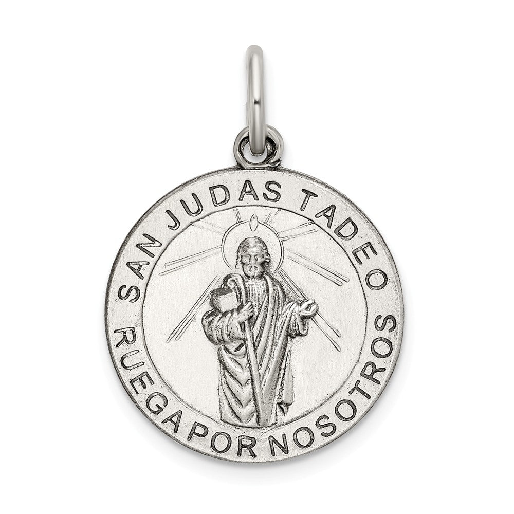 Million Charms 925 Sterling Silver Satin Antiqued Spanish Religious Saint Jude Thaddeus Medal Pendant