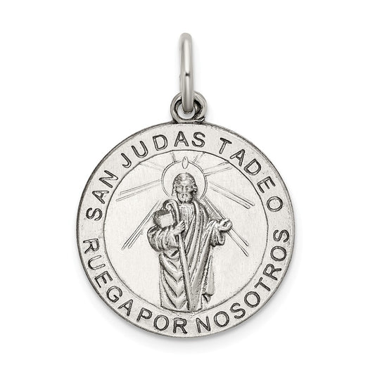 Million Charms 925 Sterling Silver Satin Antiqued Spanish Religious Saint Jude Thaddeus Medal Pendant