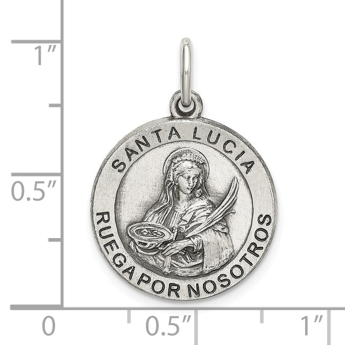 Million Charms 925 Sterling Silver Satin Antiqued Spanish Religious Saint Lucy Medal Pendant