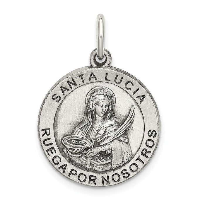 Million Charms 925 Sterling Silver Satin Antiqued Spanish Religious Saint Lucy Medal Pendant