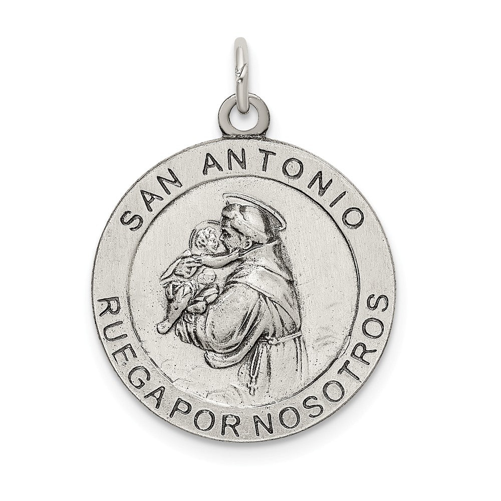 Million Charms 925 Sterling Silver Satin Antiqued Spanish Religious Saint Anthony Medal Pendant