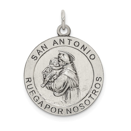 Million Charms 925 Sterling Silver Satin Antiqued Spanish Religious Saint Anthony Medal Pendant