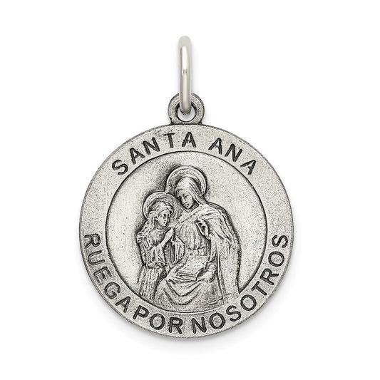 Million Charms 925 Sterling Silver Satin Antiqued Religious Saint Anne Medal Pendant
