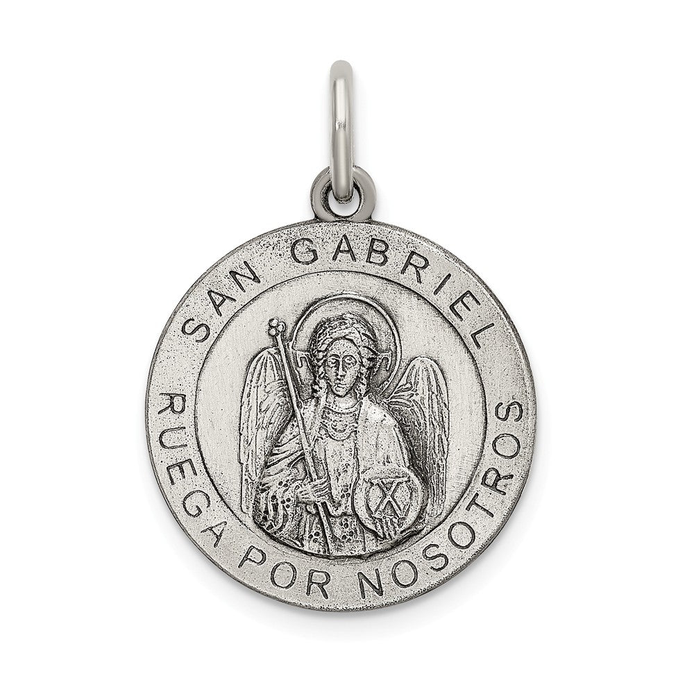Million Charms 925 Sterling Silver Satin Antiqued Spanish Religious Saint Gabriel Medal Pendant