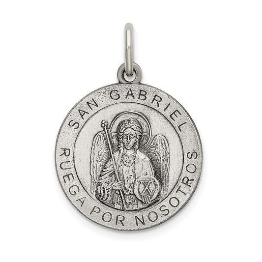 Million Charms 925 Sterling Silver Satin Antiqued Spanish Religious Saint Gabriel Medal Pendant
