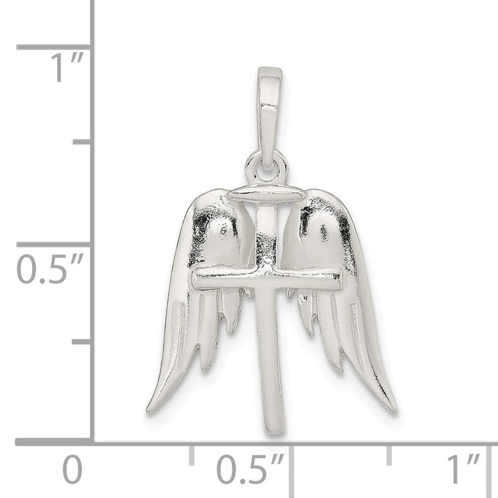 Million Charms 925 Sterling Silver Polished Wings, Relgious Cross Pendant