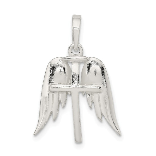 Million Charms 925 Sterling Silver Polished Wings, Relgious Cross Pendant