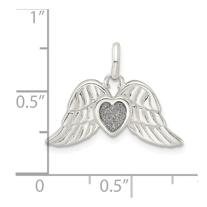Million Charms 925 Sterling Silver Polished Enamel Glitter Fabric Heart With Wings Pendant