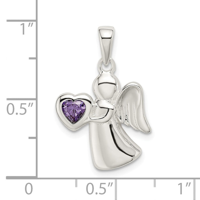 Million Charms 925 Sterling Silver Angel With Purple (Cubic Zirconia) CZ Heart Pendant