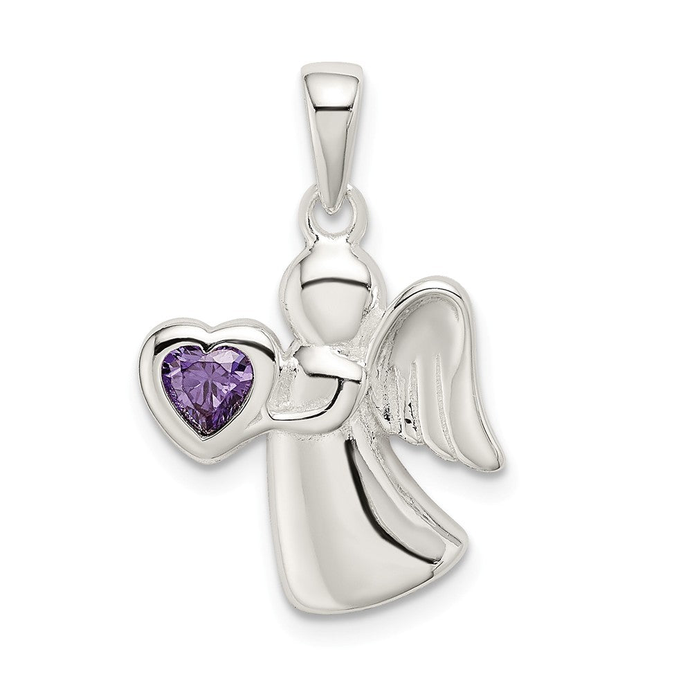 Million Charms 925 Sterling Silver Angel With Purple (Cubic Zirconia) CZ Heart Pendant