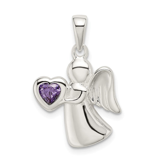 Million Charms 925 Sterling Silver Angel With Purple (Cubic Zirconia) CZ Heart Pendant