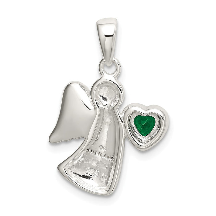 Million Charms 925 Sterling Silver Angel With Dark Green (Cubic Zirconia) CZ Heart Pendant