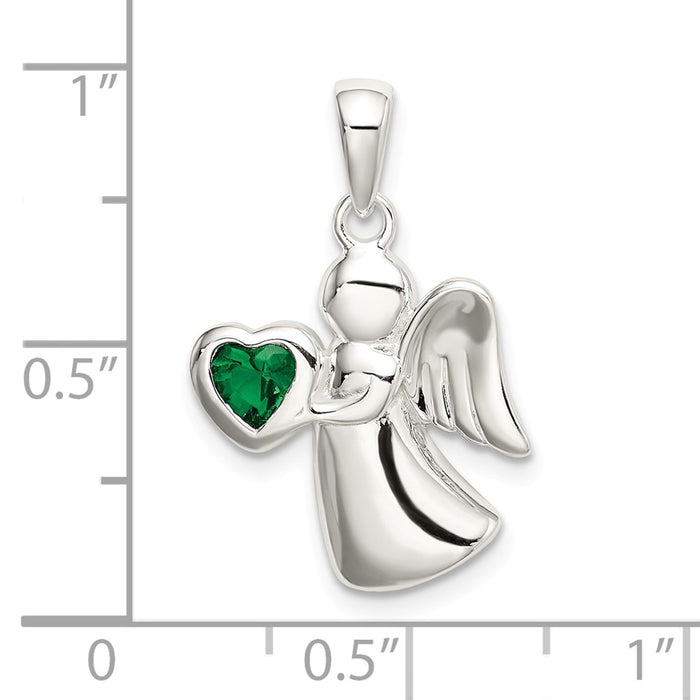 Million Charms 925 Sterling Silver Angel With Dark Green (Cubic Zirconia) CZ Heart Pendant