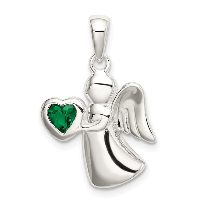 Million Charms 925 Sterling Silver Angel With Dark Green (Cubic Zirconia) CZ Heart Pendant