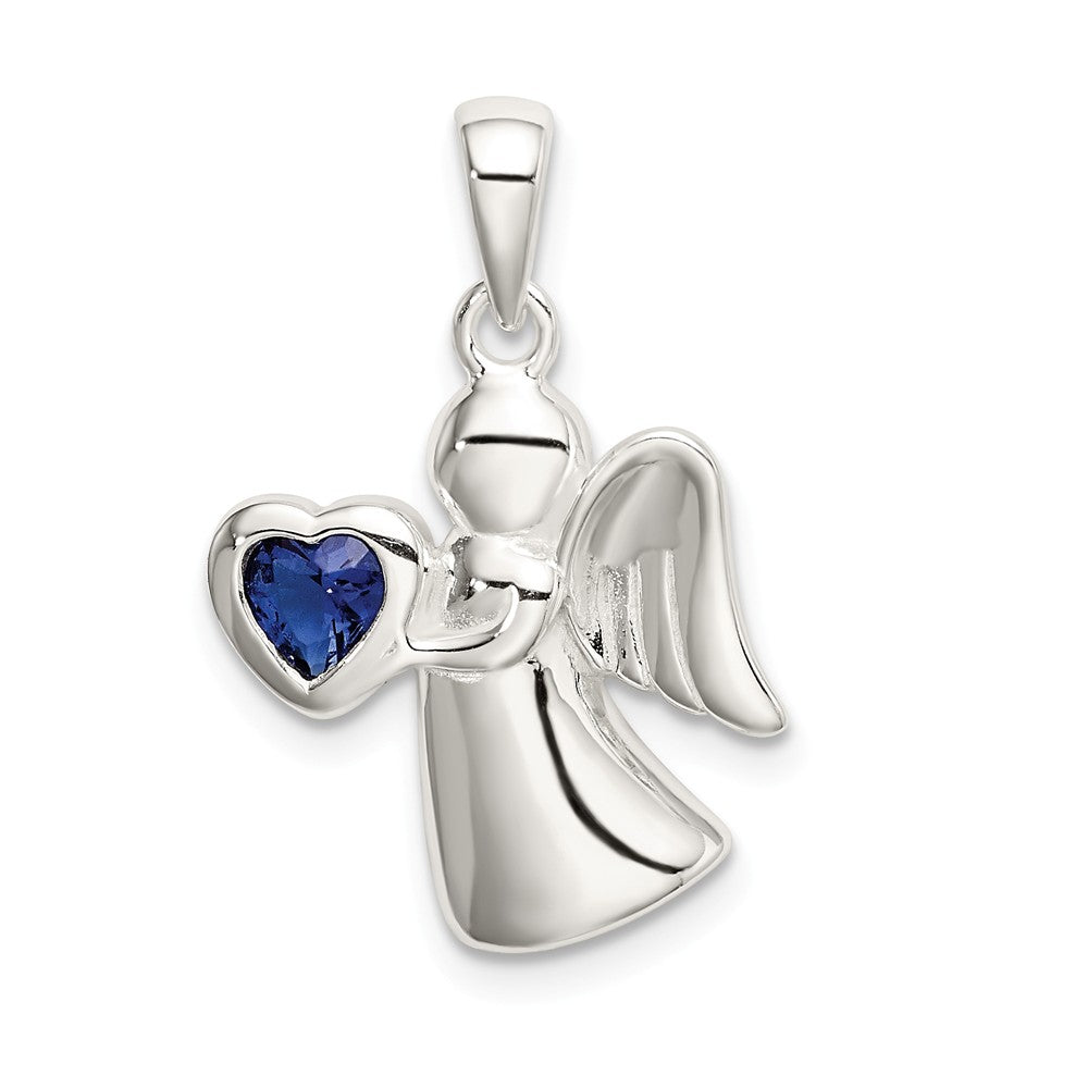 Million Charms 925 Sterling Silver Angel With Dark Blue (Cubic Zirconia) CZ Heart Pendant