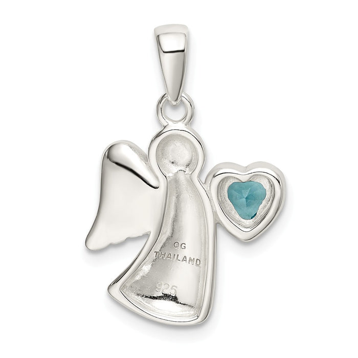 Million Charms 925 Sterling Silver Angel With Light Blue (Cubic Zirconia) CZ Heart Pendant