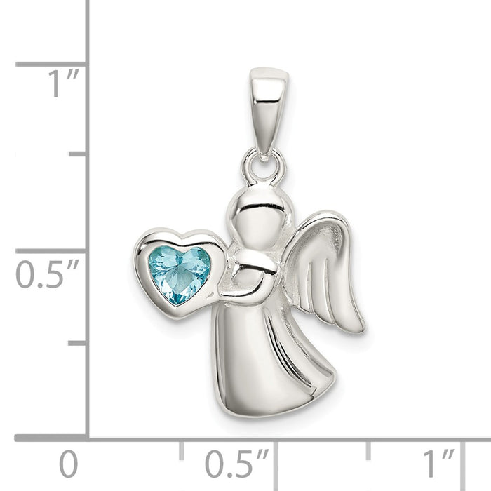 Million Charms 925 Sterling Silver Angel With Light Blue (Cubic Zirconia) CZ Heart Pendant