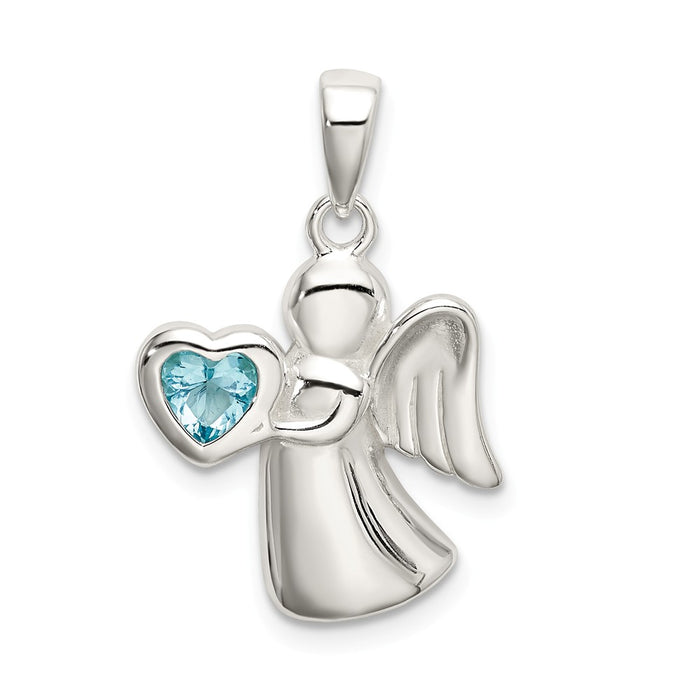 Million Charms 925 Sterling Silver Angel With Light Blue (Cubic Zirconia) CZ Heart Pendant