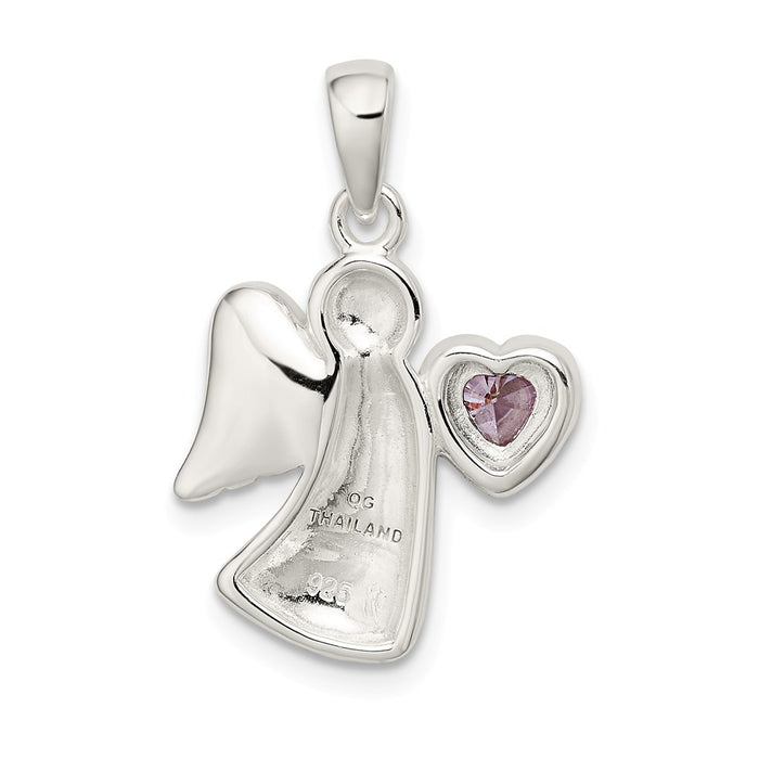 Million Charms 925 Sterling Silver Angel With Light Purple (Cubic Zirconia) CZ Heart Pendant